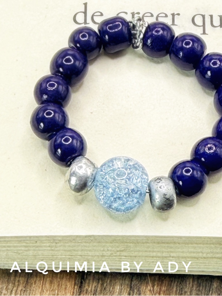 Alquimia Navy Beaded Ceramic Ring With Light Blue Quartz Accent 22$